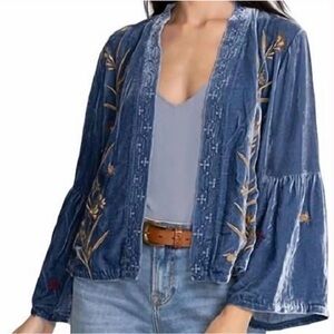 Johnny Was Aria Ruffle Sleeve Blue Velvet Bolero Embroidery Flower/Butterfly